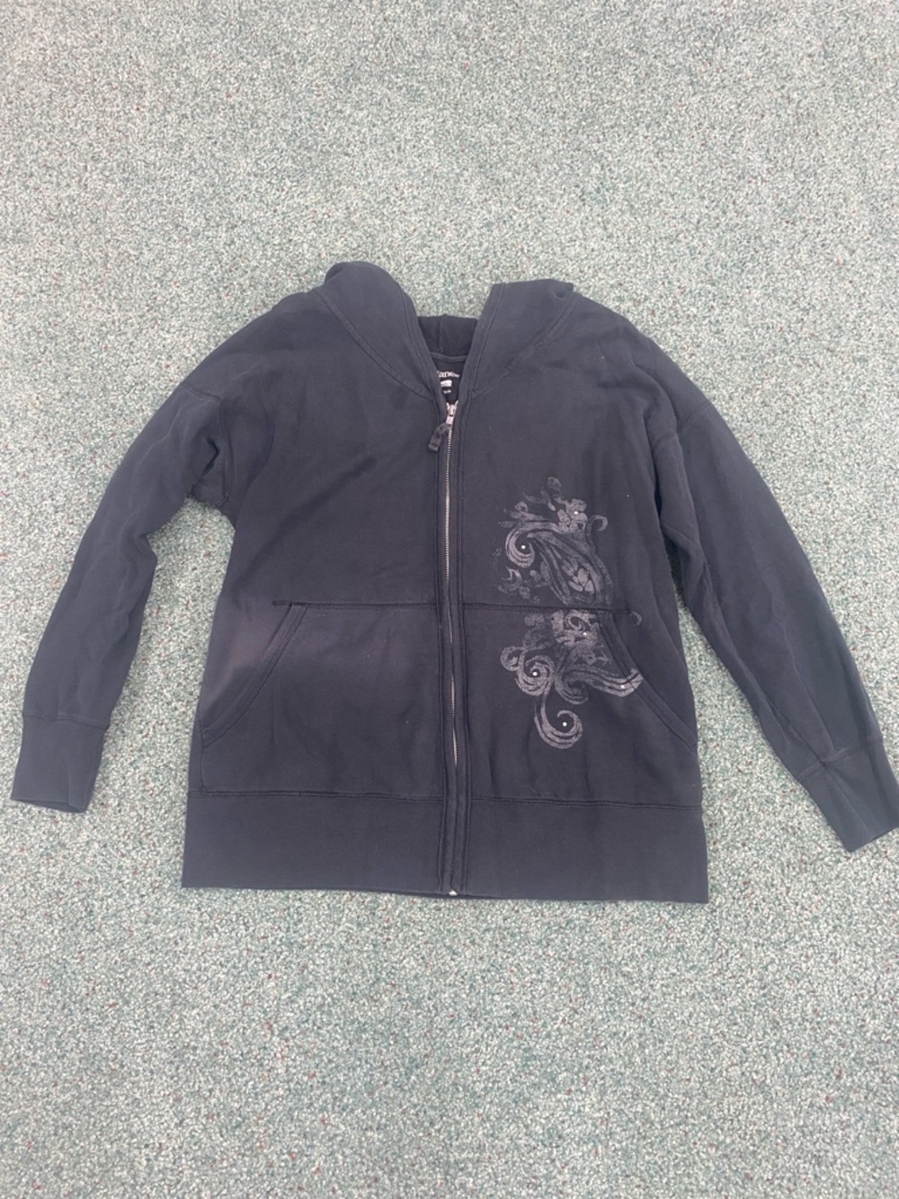 Hanes Black Zip-Up Hoodie with Decorative Scroll Print